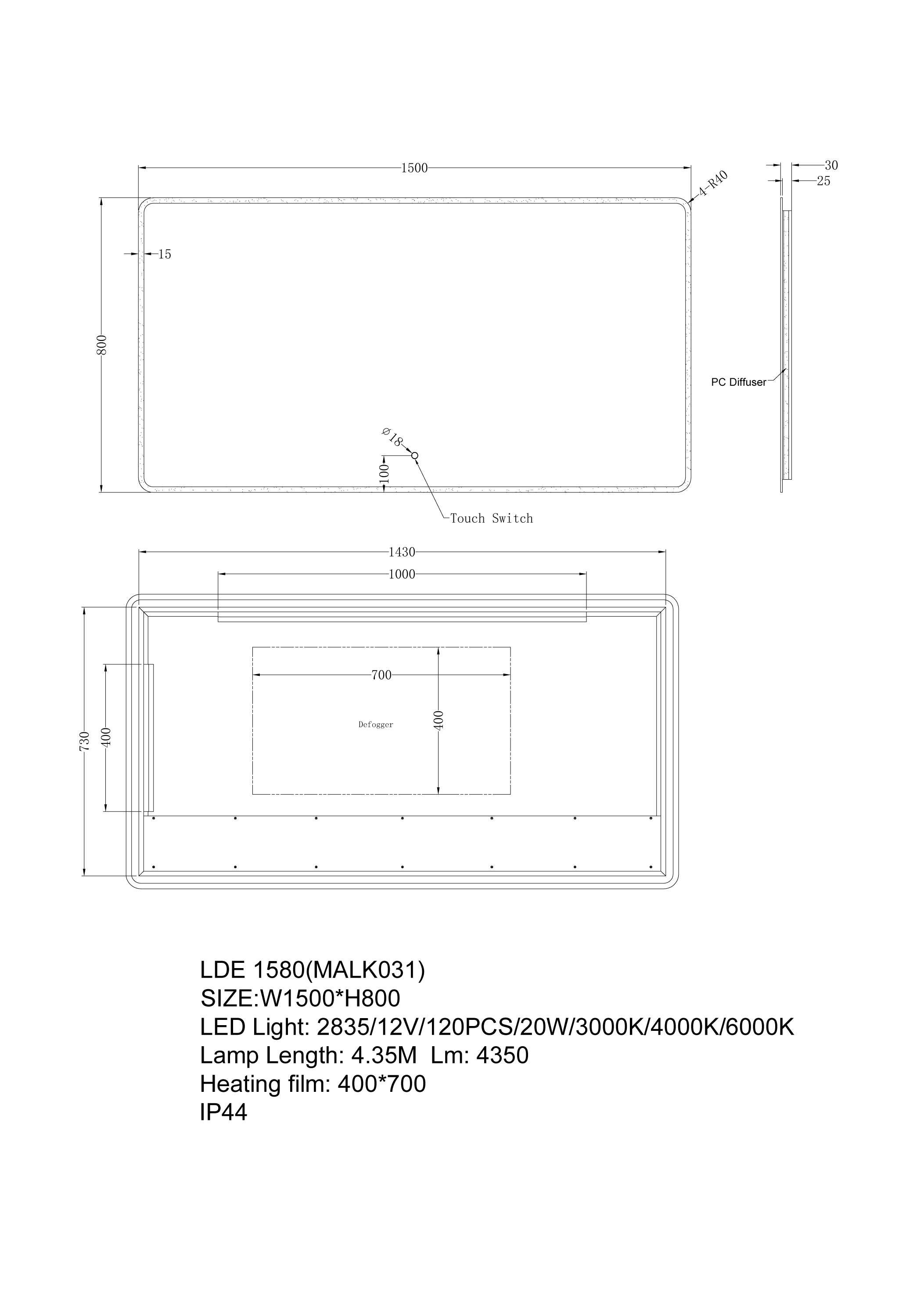 1500x800mm LED Mirror - Image 2