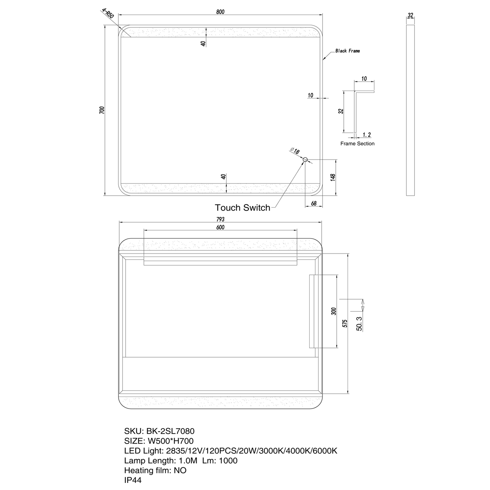 700x800mm Framed LED Mirror - Image 2