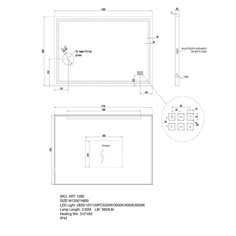 1200x800mm Bluetooth LED Mirror - Image 3