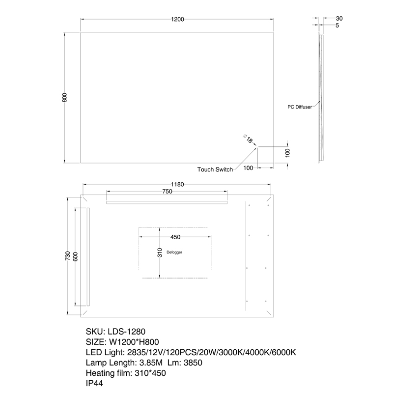 1200x800mm LED Mirror - Image 2