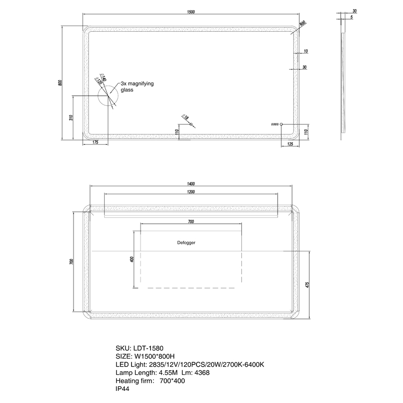 1500x800mm LED Mirror - Image 2