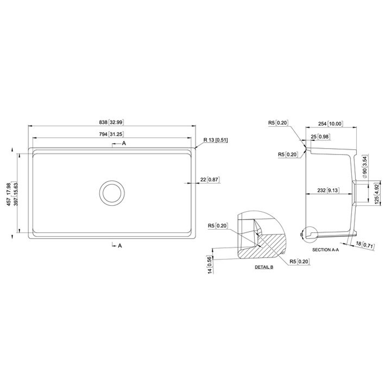 White Carysil Fine Fireclay Single Bowl Kitchen Sink 838*457*232mm - Image 3