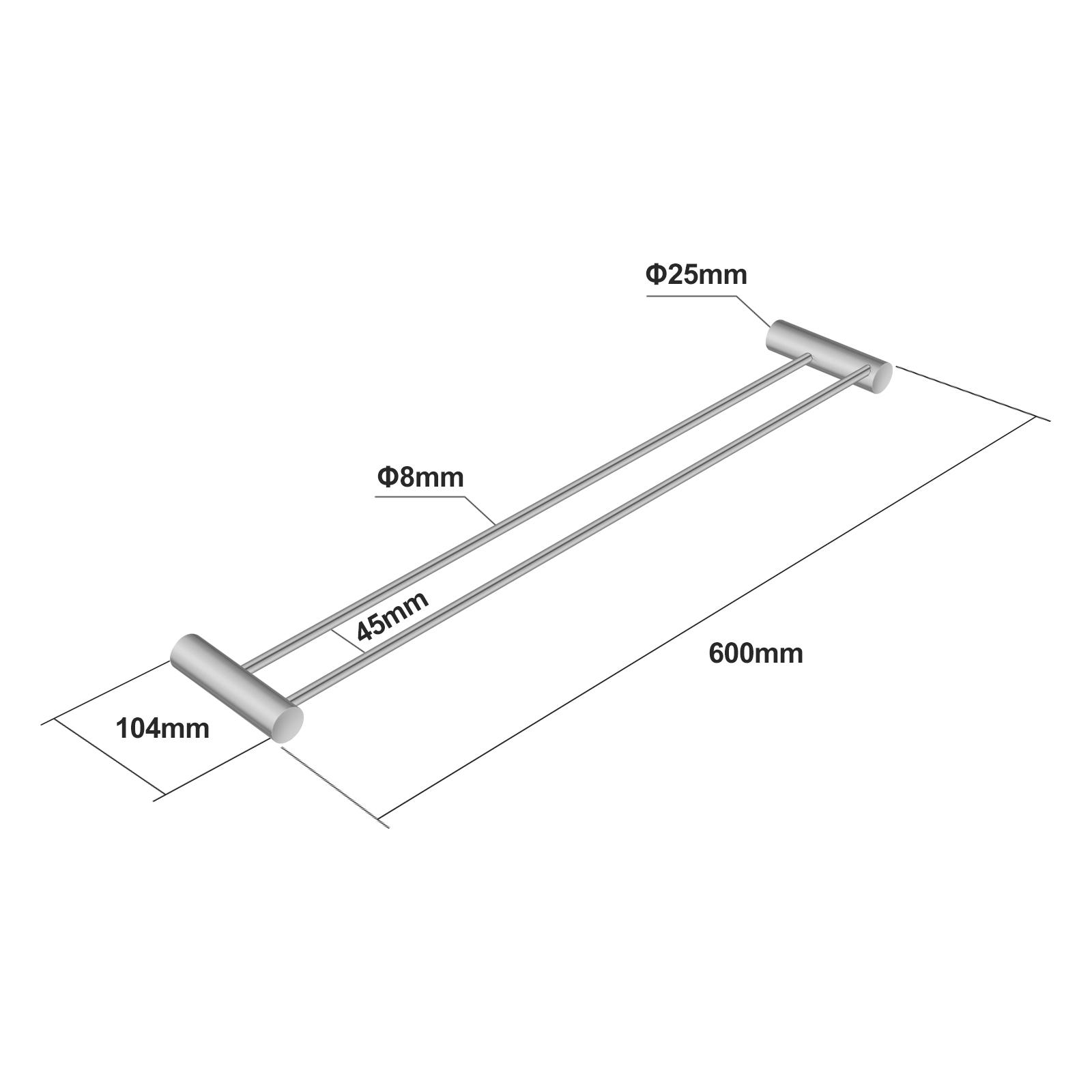 600mm Brushed Nickel Double Towel Rail - Image 2