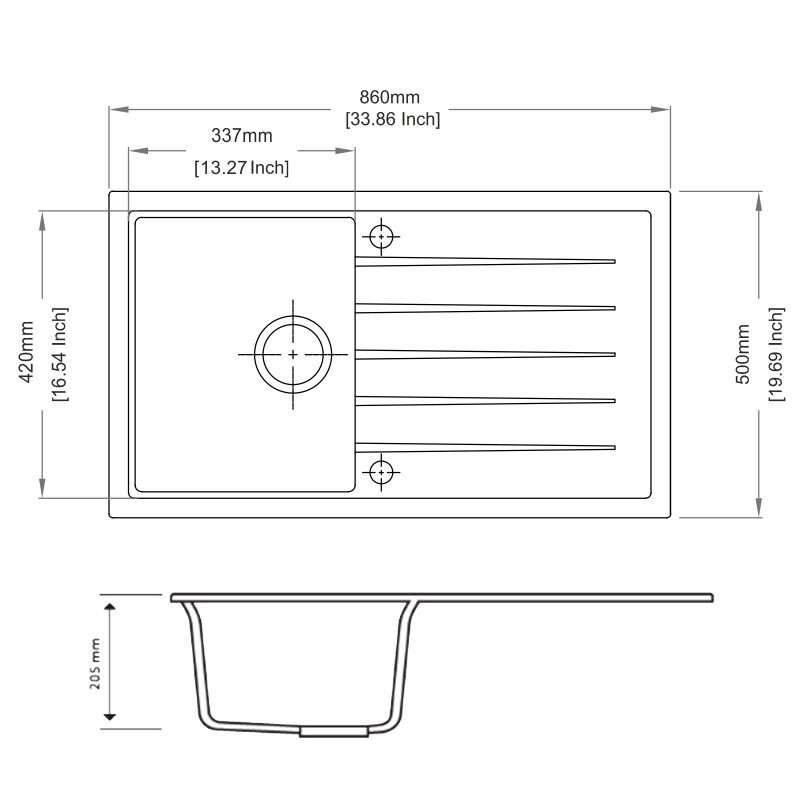 860x500mm Concrete Grey Carysil Granite Single Bowl Kitchen Sink - Image 2