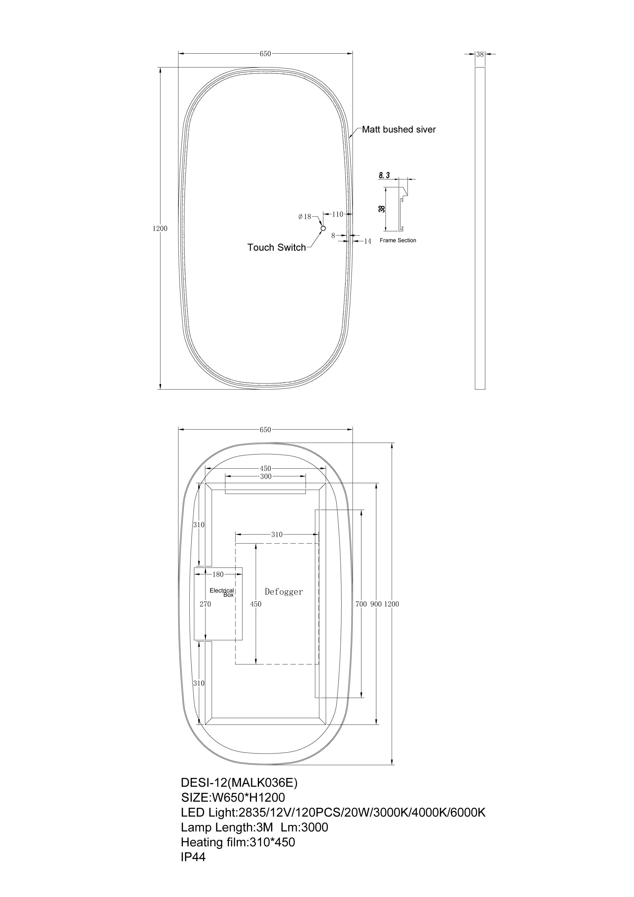 1200x650mm Framed LED Dressing Mirror - Image 3